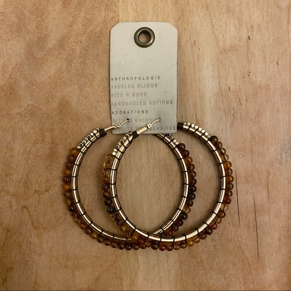 NWT Anthropologie Amber Brown Beaded Gold Hoops